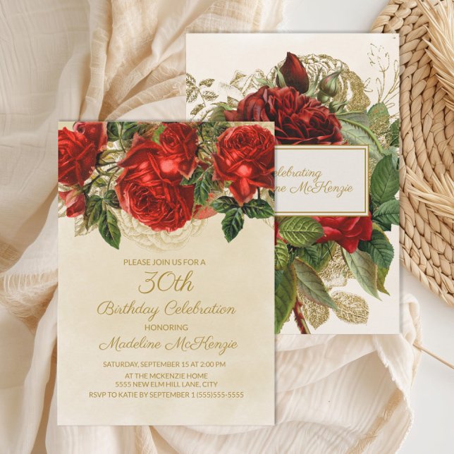 Elegante Rote Rosen Champagne 30. Geburtstag Einladung (Elegant red roses on cream 30th birthday party invitation)
