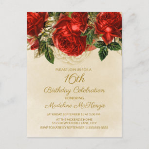 Elegante rote Rosen Champagner 16. Geburtstagseinl Postkarte