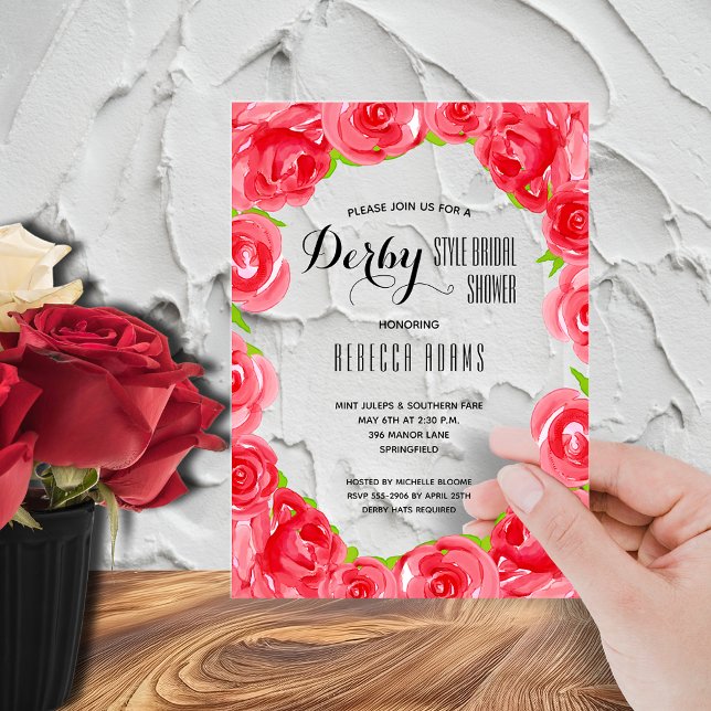 Elegante Rote Rosen Derby Brautparty Acryleinladungen (Off to the altar Derby bridal shower acrylic invitations - order clear or frosted)