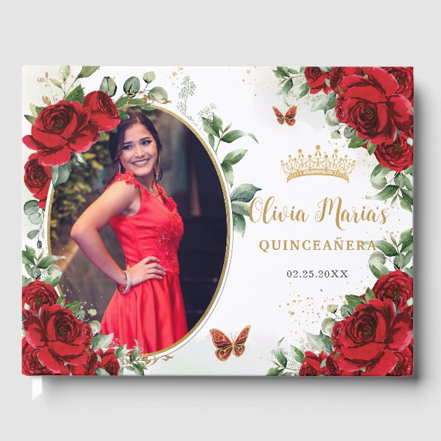 Elegante Rote Rosen Floral Gold Quinceanera Foto Gästebuch (Vorderseite)