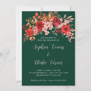 Elegante rote Rosen Florale dunkelgrüne Hochzeit Einladung
