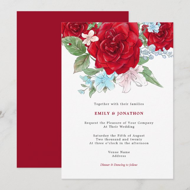 Elegante Rote Rosen Florals Typografy Wedding Einladung (Vorne/Hinten)