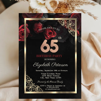 Elegante Rote Rosen Frame Black 65. Geburtstag Einladung
