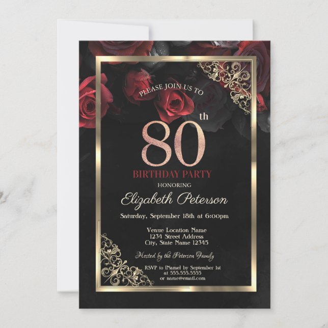 Elegante Rote Rosen Frame Black 80. Geburtstag Einladung (Vorderseite)