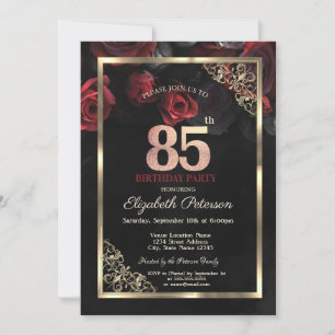 Elegante Rote Rosen Frame Black 85. Geburtstag Einladung
