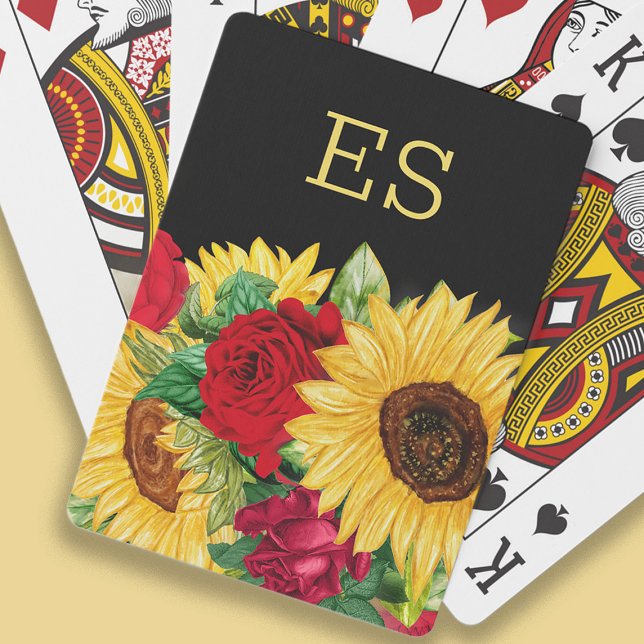 Elegante Rote Rosen Gelbe Sonnenblumen Schwarzes M Spielkarten (Monogrammed playing cards with sunflowers and red roses on black)