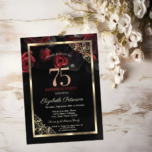 Elegante Rote Rosen gestalten Schwarz 75. Geburtst Einladung