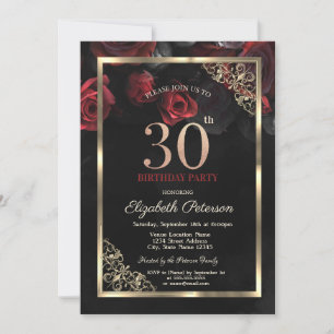 Elegante Rote Rosen gestalten Schwarz zum 30. Gebu Einladung