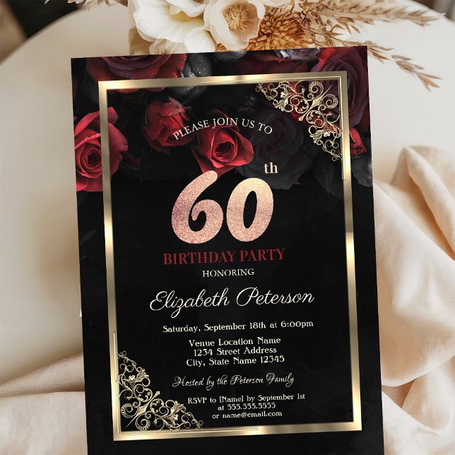 Elegante Rote Rosen gestalten Schwarz zum 60. Gebu Einladung (Von Creator hochgeladen)