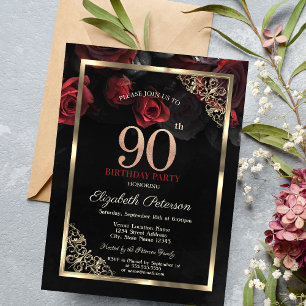 Elegante Rote Rosen gestalten Schwarz zum 90. Gebu Einladung
