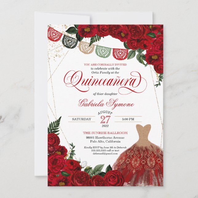 Elegante Rote Rosen Glitzer Dress Fiesta Quinceañe Einladung (Vorderseite)