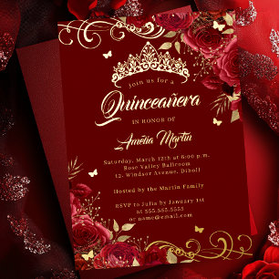 Elegante rote Rosen-Gold-Strudel-Quinceanera   Folieneinladung