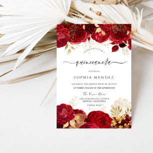 Elegante Rote Rosen Goldenes Quinceanera-Party Einladung
