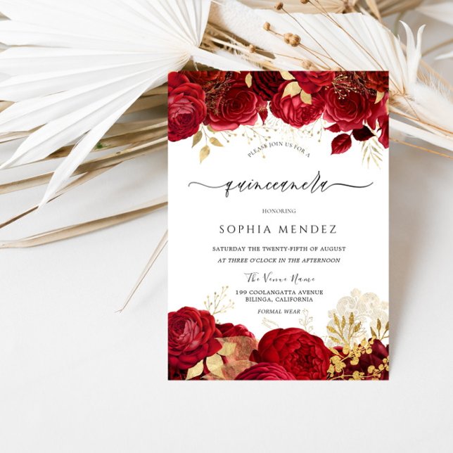Elegante Rote Rosen Goldenes Quinceanera-Party Einladung (Von Creator hochgeladen)