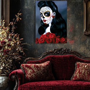Elegante rote Rosen gothische Zucker-Schädel-Frau Poster