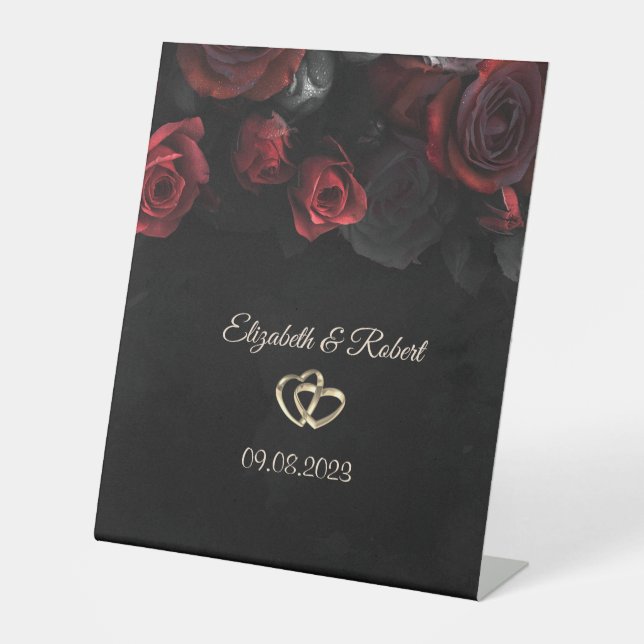 Elegante Rote Rosen Gotische Hochzeit Sockelschild (Vorderseite)