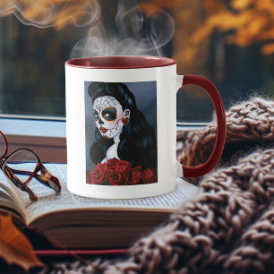Elegante rote Rosen gotische Zucker-Schädel-Frau Tasse