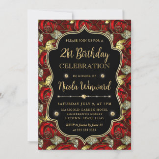 Elegante Rote Rosen Hartglas 21. Geburtstag Einladung