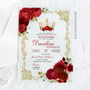 Elegante Rote Rosen Kronen Quinceanera Einladung