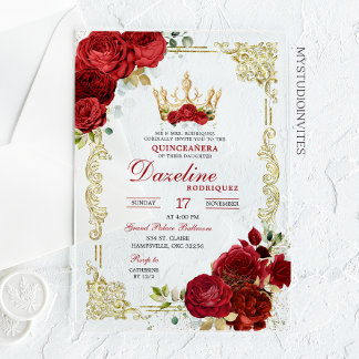 Elegante Rote Rosen Kronen Quinceanera Einladung
