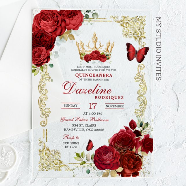 Elegante Rote Rosen Kronen Quinceanera Einladung (Von Creator hochgeladen)