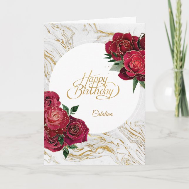 Elegante Rote Rosen Marble Personalisiert Geburtst Karte (Vorderseite)