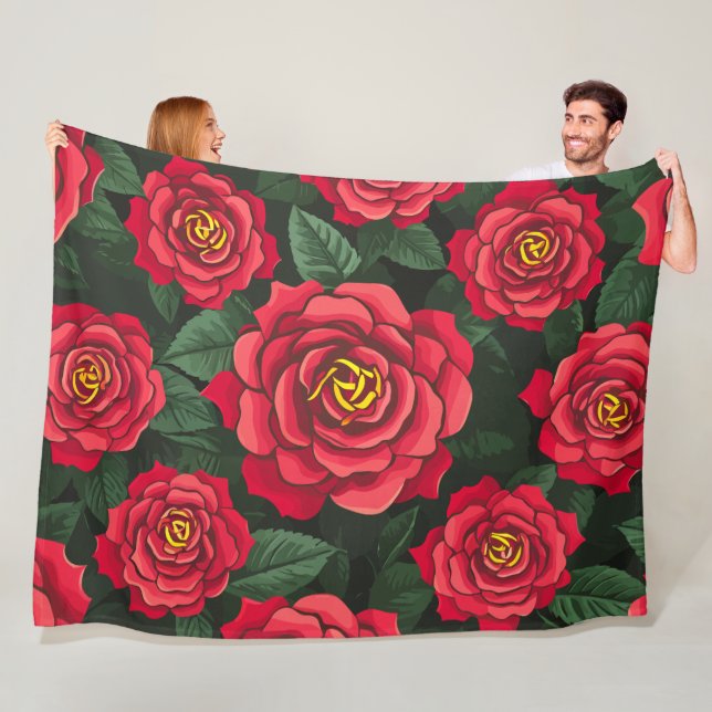 Elegante Rote Rosen mit einem Muster für grüne Blä Fleecedecke (Beispiel)