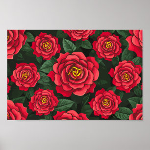 Elegante Rote Rosen mit einem Muster für grüne Blä Poster