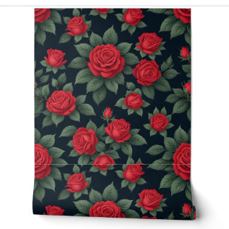 Elegante Rote Rosen mit grünen Blätter auf schwarz Tapete