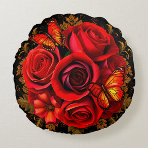 Elegante Rote Rosen mit Schmetterlingen Rundes Kissen