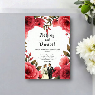 Elegante rote Rosen Romantisches Paar Florale Hoch Einladung