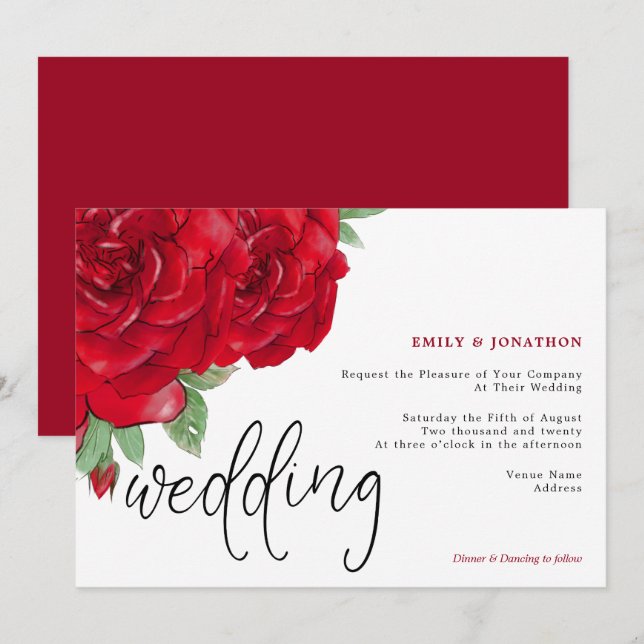 Elegante Rote Rosen Script Typografy Wedding Einladung (Vorne/Hinten)
