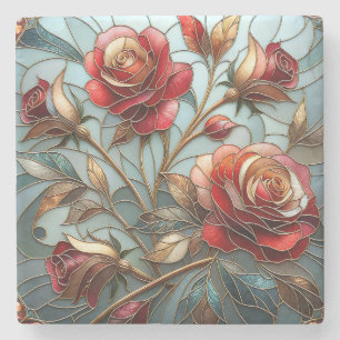 Elegante rote Rosen-Stabglasscheiben-Blumen mit go Steinuntersetzer