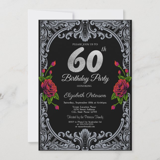Elegante Rote Rosen Streifen Gotisch 60. Geburtsta Einladung (Vorderseite)