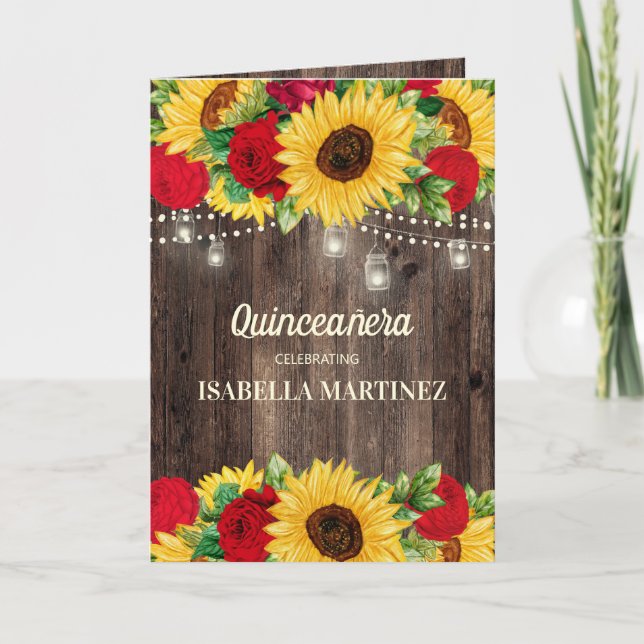 Elegante Rote Rosen Sunflowers Quinceañera Karte (Vorderseite)