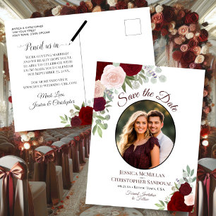 Elegante rote Rosen und Foto Hochzeit Termin vorme Ankündigungspostkarte