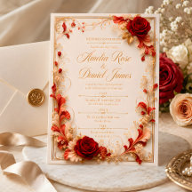 Elegante rote Rosen- und goldene Blumen-Hochzeitse