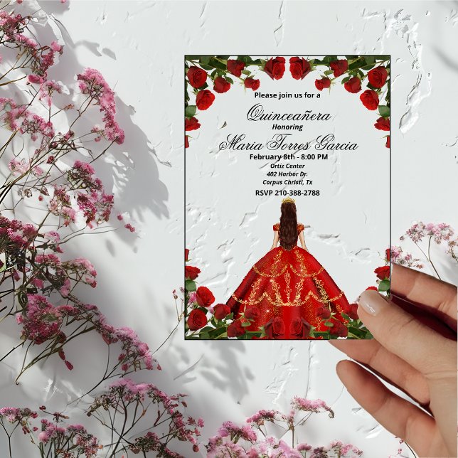 Elegante Rote Rosen und Gown Quinceñera Acryleinladungen (Von Creator hochgeladen)
