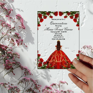 Elegante rote Rosen und Kleid Quinceañera Acryleinladungen