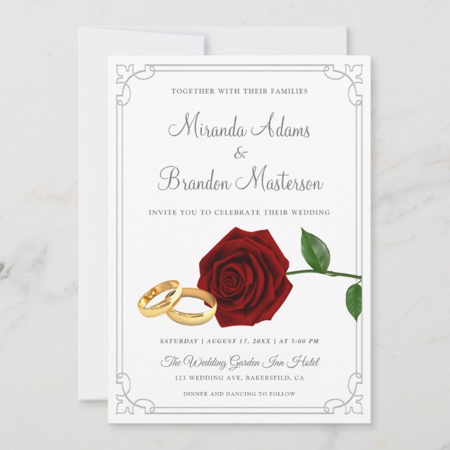 Elegante Rote Rosen und Rings Wedding Einladung (Vorderseite)