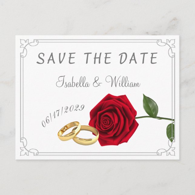 Elegante Rote Rosen und Rings Wedding speichern da Postkarte (Vorderseite)