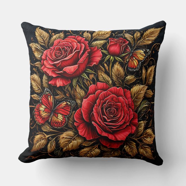 Elegante Rote Rosen und Schmetterlinge Kissen (Vorderseite)