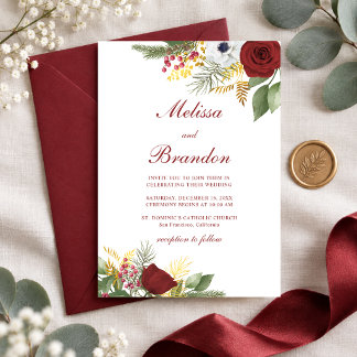 Elegante rote Rosen-Wintergrün-Script-Hochzeit Einladung