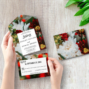 Elegante rote Rosenblüten Blumen florale Hochzeit  All In One Einladung