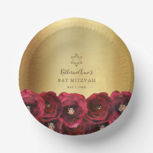 Elegante rote Rosenblüten-Gold-Bat-Mizwa Pappteller