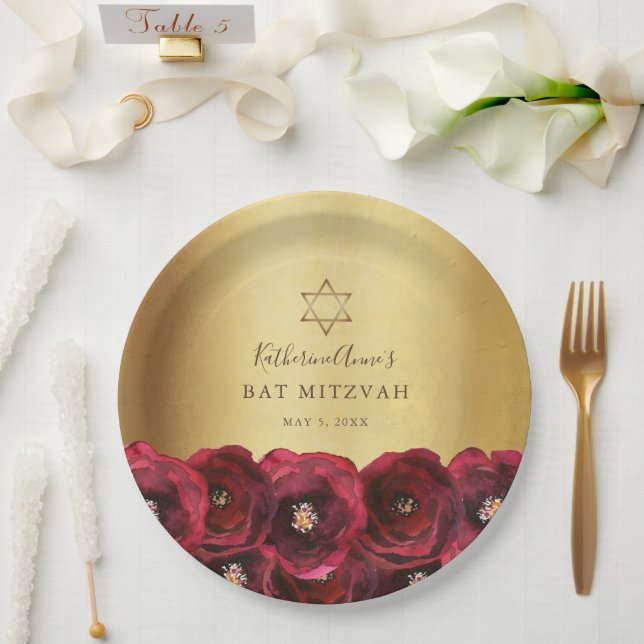 Elegante rote Rosenblüten-Gold-Bat-Mizwa Pappteller (Hochzeit)