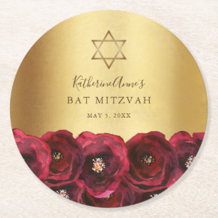 Elegante rote Rosenblüten-Gold-Bat-Mizwa Runder Pappuntersetzer