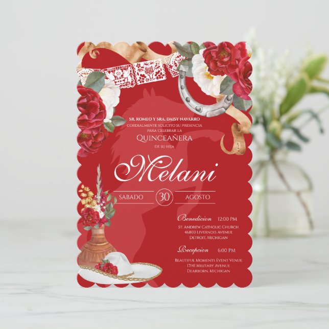 Elegante Rote Rustikale Wilde Rose Charro Quincean Einladung (Stehend Vorderseite)