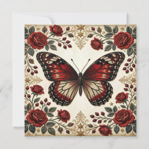 Elegante rote Schmetterlingsrose im Vintage-Muster Dankeskarte