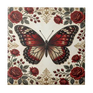 Elegante rote Schmetterlingsrose im Vintage-Muster Fliese